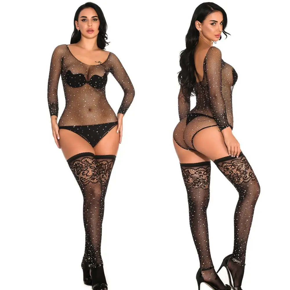 

Women Exotic Costumes Pole Danc Sexy Rhinestone Fishnet High Stocking And LONG SLEEVE BODYSUIT For Costume