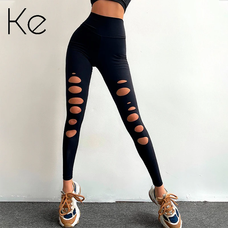 

KE sexy fitness pants women's high waist tight-fitting hollow mesh quick-drying sports pants peach hips breathable yoga pants