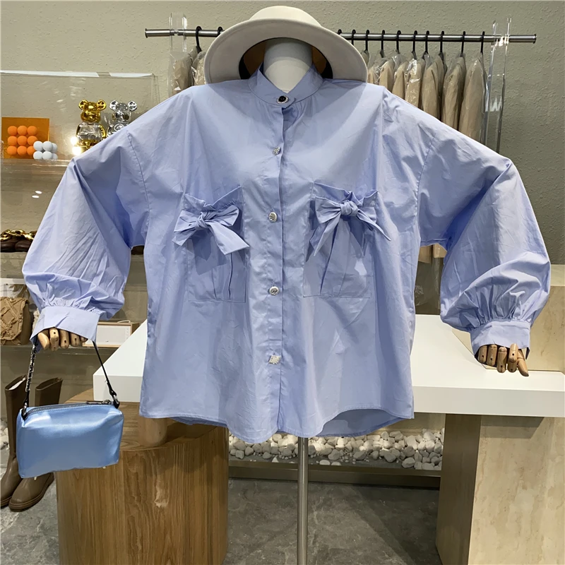 

Niche Design Original 2021 New Bowknot Double Pocket Loose Solid Top Stand Collar And Drill Button Medium Length Top