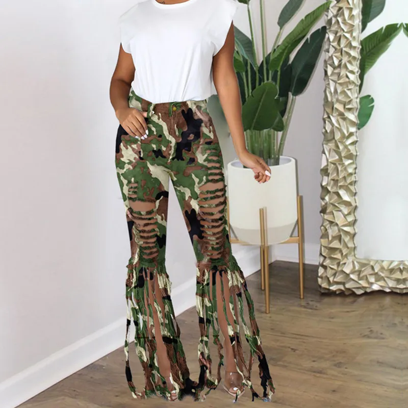 

2021 Print Zip Pocket Hole Tassel Streetwear Jeans Woman Long Denim Skinny Pleated Flare Pants Women