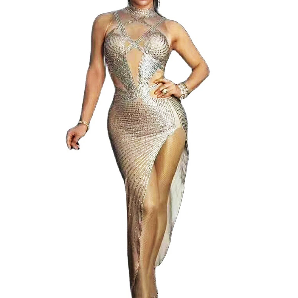 

Sparkly Rhinestones Women Sleeve Dress Bodycon Singer Stage Wear Party Show Dancer Performance Costumes Evening Prom Dress