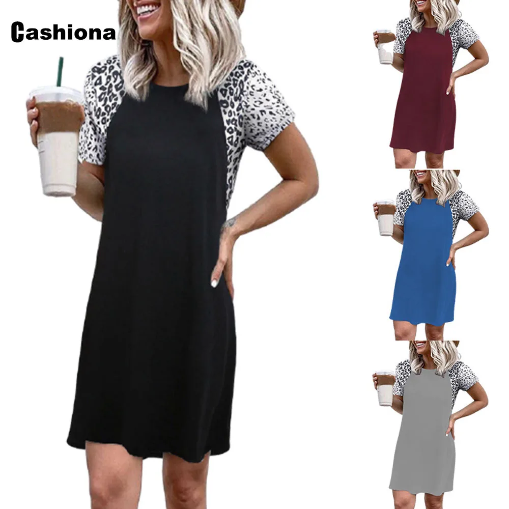 

Cashiona 2021 New Summer Casual Dress Women Patchwork Leopard Print Dresses Loose Vintage Knee-Length Dress Vestidos Femme