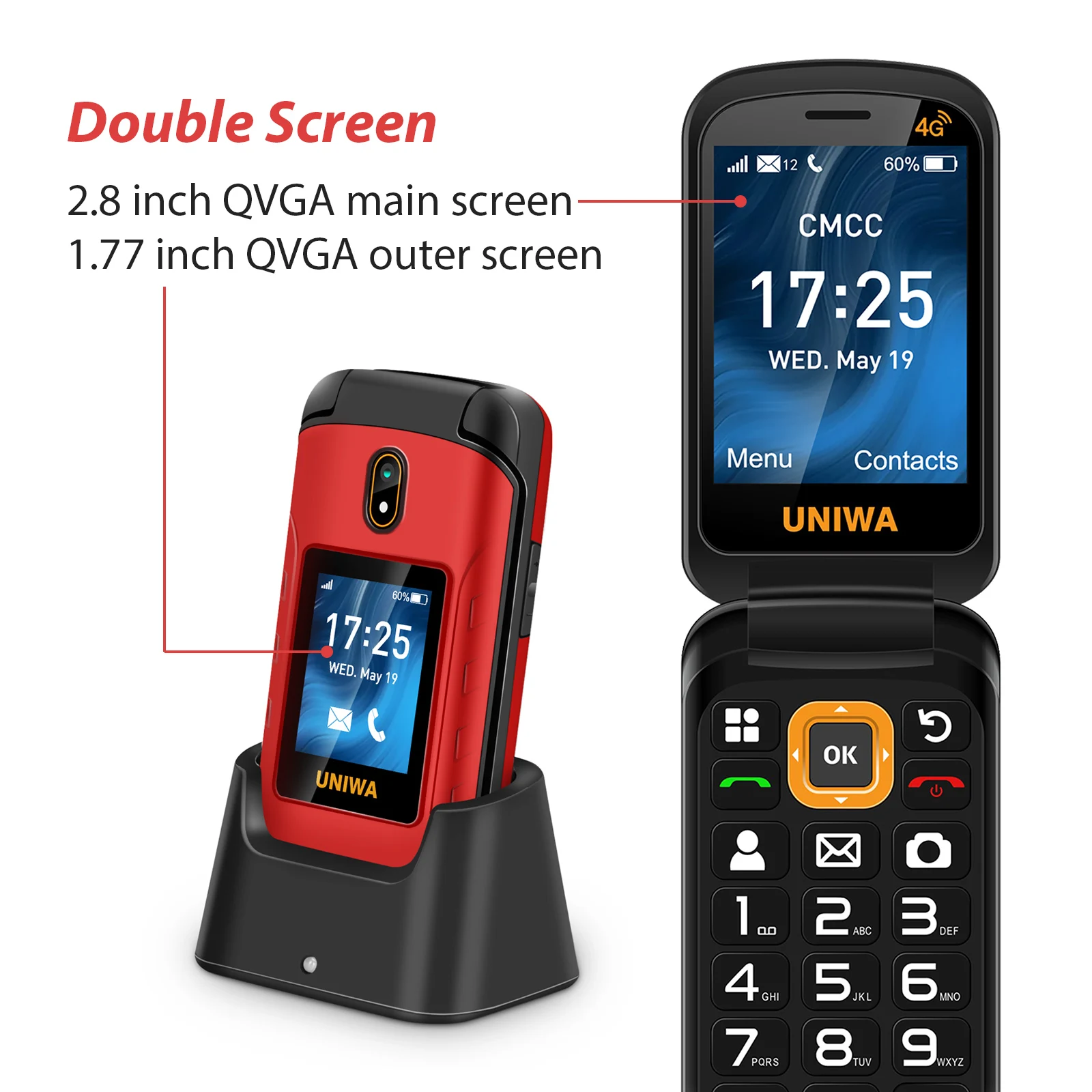 UNIWA V909T 4G Flip Phone Big Push-Button Dual Screen 0.3mp Camera FM Radio Russian Hebrew Keyboard Clamshell Cellphone