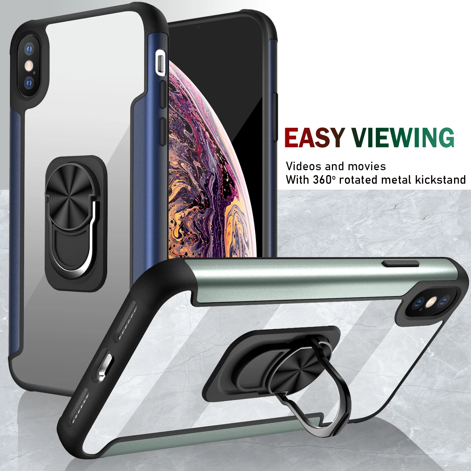 

Transparent Clear Cases for Apple Iphone XR XS Max X 7 8 Plus Shockproof Armor Military Protective Magnet Car Holder Ring Case