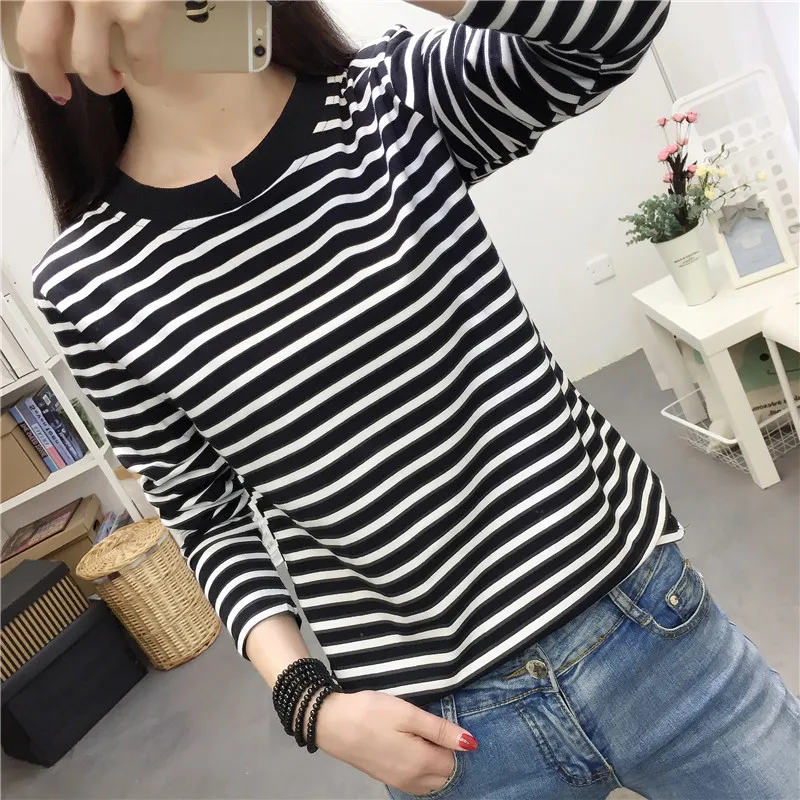 

round Neck Striped T-shirt Women's Autumn and Winter Korean Retro Temperament Fashion Long Sleeve Bottoming Shirt Western Style