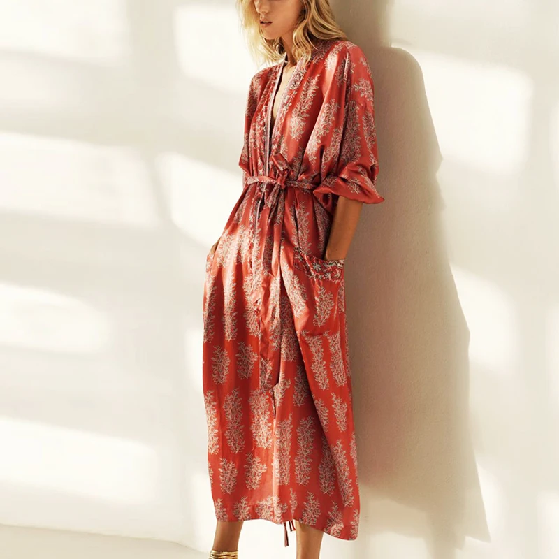 Long Sleeve Kimono Long Dresses Women Cover Up Vintage Satin Red Floral Print Autumn Vestidos Boho Side Split 2021 Robe