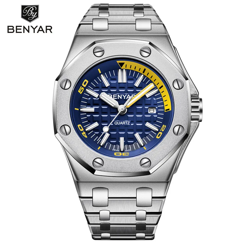 Silver Blue BENYAR мужские часы Топ люксовый бренд военные Стальные кварцевые часы мужские s водонепроницаемые спортивные наручные часы повседневные часы Montre Homme - Цвет: Silver Blue