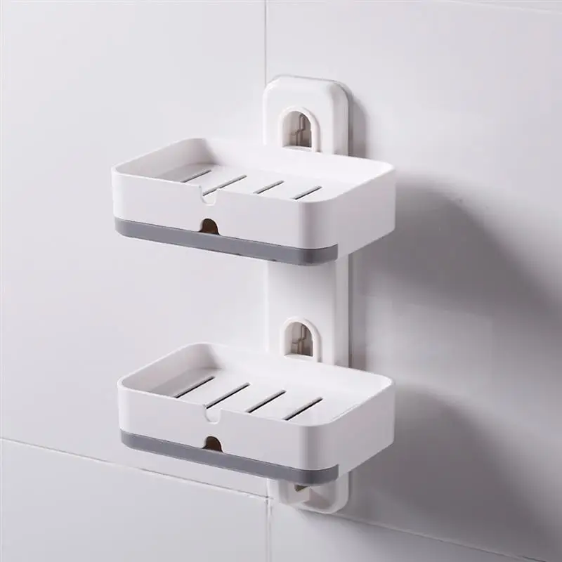 

Wall-Mounted Double-Layer Soap Holder Bathroom Shelf Dish Soap Box With Drawers Drain Suction Cup Traceless Bathroom Accessories