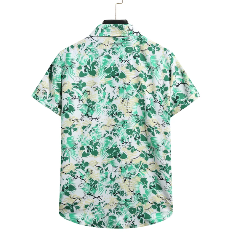 

2021 Men Summer Shirt Beach Style Green Leaves Printed Hawaiian Shirts Casual Short Sleeve Turn Down Collar Blouses Top