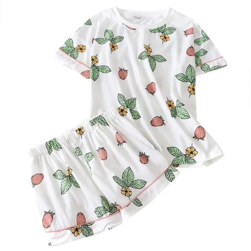 

Women Summer 2 Piece Pajamas Set Sweet Heart Strawberry Printed Short Sleeve Pullover Tops Pants Loose Cotton Sleepwear