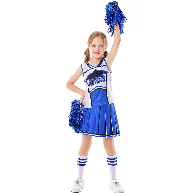 

Blue And White Girls Halloween Football Baby Costume Kids Children Cheerleaders Uniform Cosplay Stage Show Role Play Party Dress
