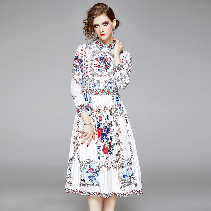 

Women's 2020 Runway Blue Floral Dress Shirt Long Sleeve Robe Print Striped Pleated Holiday Casual Autumn Pleated Dresses Elegant