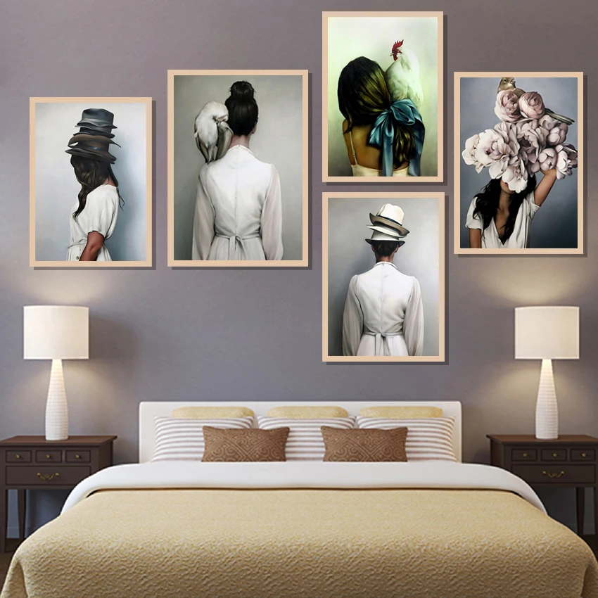 

Lovely Bird Lady Animal Figure Canvas Painting Art Nordic Posters and Prints Wall Pictures for Living Room Decoration Frameless