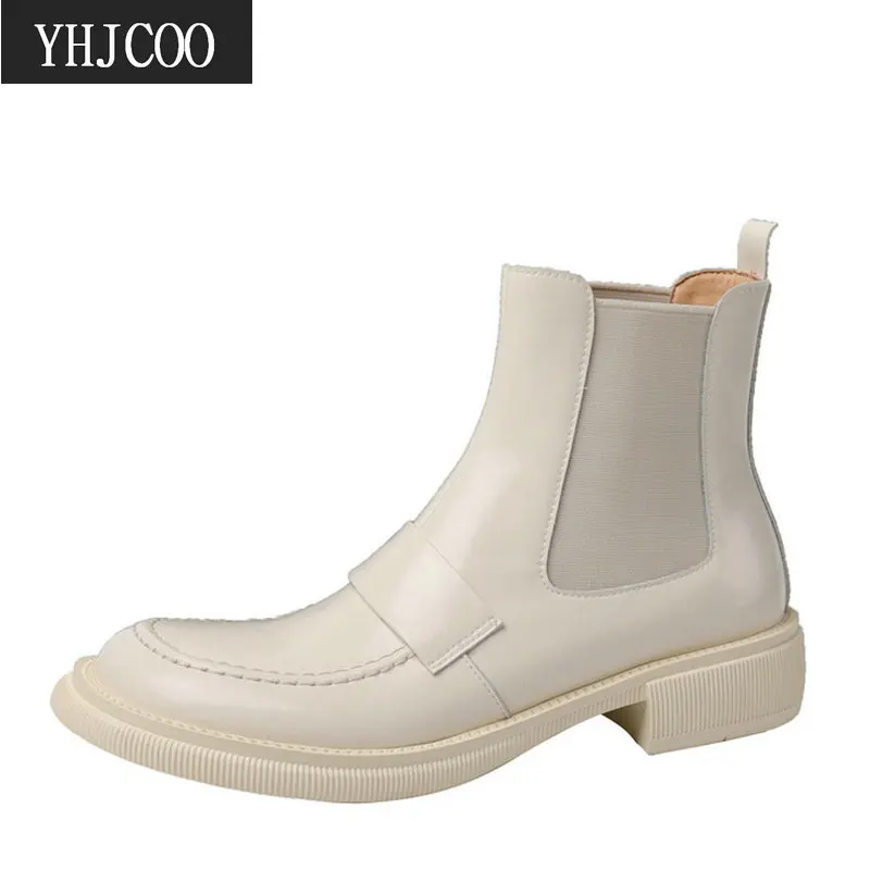 

Женские ботильоны челси из натуральной кожи, классические удобные ботинки на платформе и квадратном каблуке, в стиле ретро, черные ботинки ...