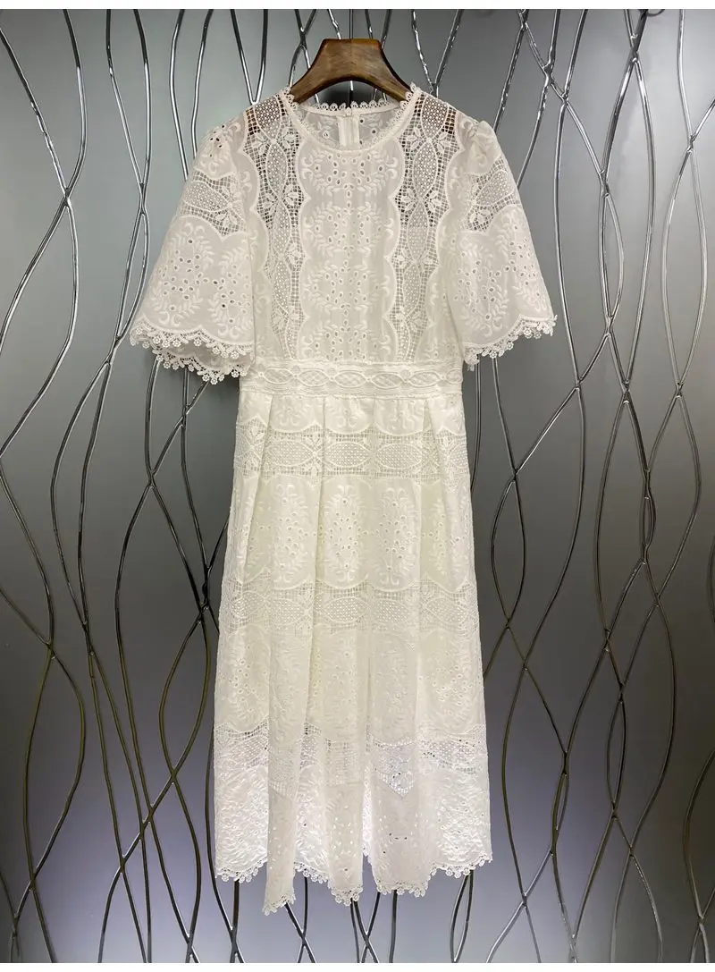 

Tops Fashion Cotton Dress 2021 Summer Women Hollow Out Embroidery Short Sleeve Mid-Calf Length Casual White Dress Vestidos Mujer