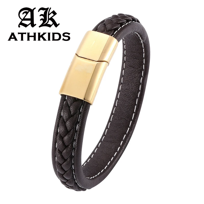 Trend Brown Leather Men Bracelet Gold Stainless Steel Magnetic Buckle Male Bangles Wristband Fashion Jewelry Gifts PD0215 | Украшения и