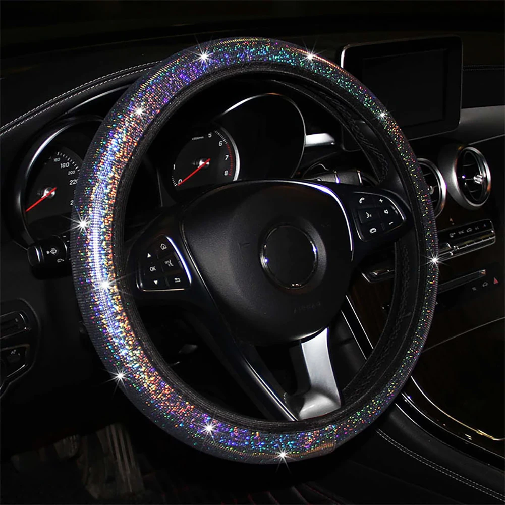 

Bling 15" Universal Car Steering Wheel Cover PU Leather Protective Cover 37-38cm Bling Diamond Shiny Car Interior Decoration