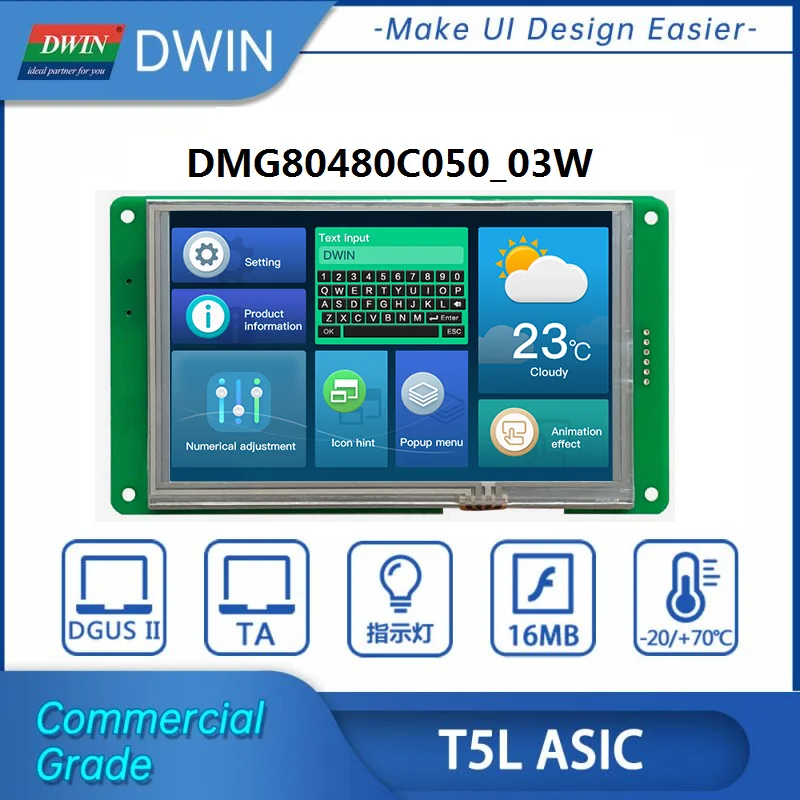 DWIN 5 بوصة HMI وحدة LCD نموذج 800*480 الدرجات التجارية اردوينو لوحة اللمس الذكية TN شاشة CTP UART عرض DMG80480C050_03