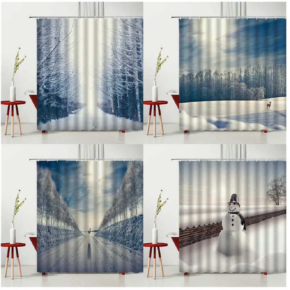 Водонепроницаемая занавеска для душа зимний ландшафт снеговик The Way ткань из