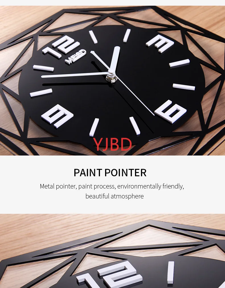 

YJBD Creative Geometric Silent Large Acrylic 3D Wall Clocks Digital Modern Style Black Quartz Hanging Watch With Wall Stickers