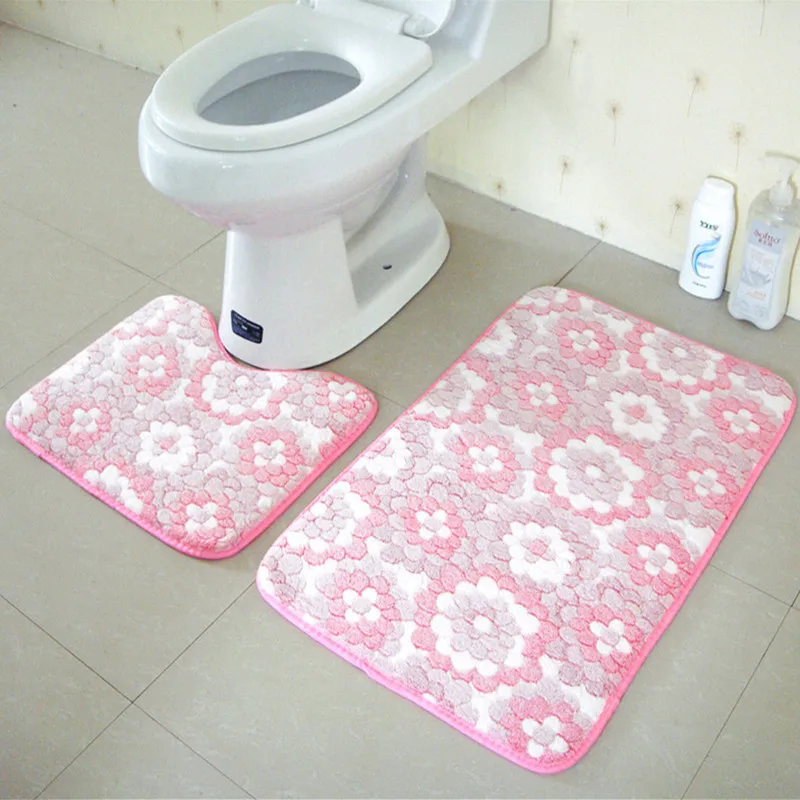 

2PCS Coral Fleece Bathroom Rug Set WC Shower Floor Non-Slip Toilet Carpet Room Indoor 3D Embossed Flower Bath Mat Drop Shipping