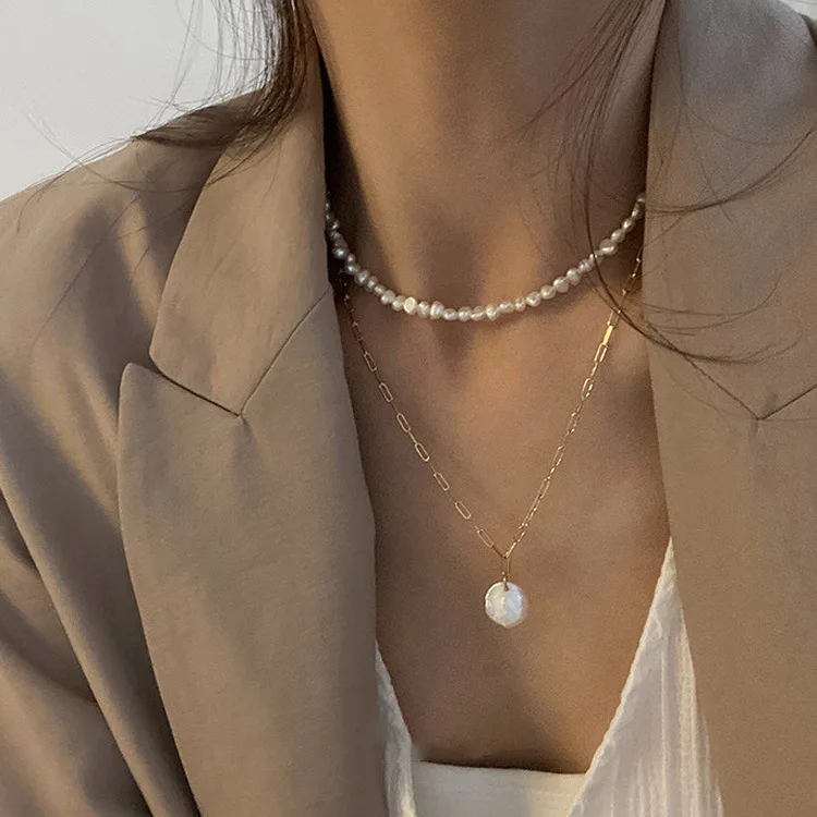 

2021New Vintage Irregular Pearl Jewelry Gold Plated Chunky Link Chain Layered Necklaces for Women Ladies Pearl Necklace