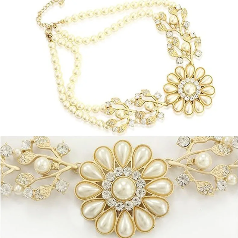 

Fashion Elegant Pearl Crystal Necklace Flower Bib Choker Necklace