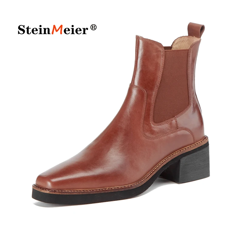 

Ankle Boots Women Genuine Full Grain Leather Retro Eslatic Band Lady Thick Shoes High Heels Handmade Winter Brown Shoes