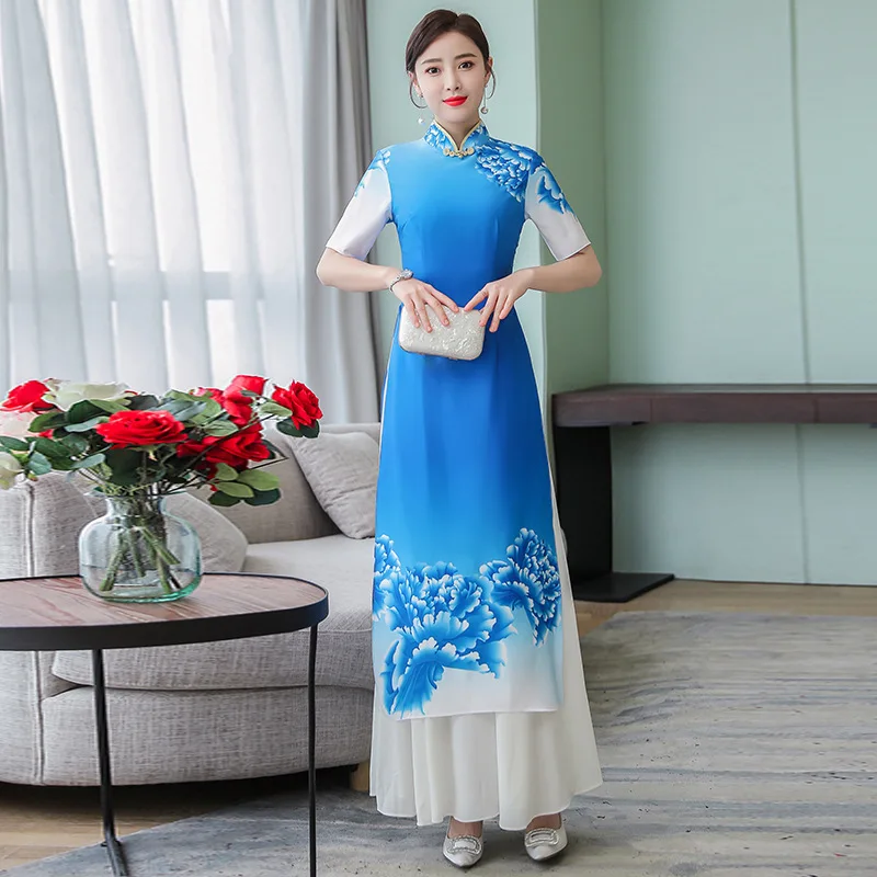 Blue Новая традиционная вьетнамская одежда аозай Вьетнам Cheongsam китайский стиль длинный Ципао вечернее вечерние свадебные платья - Цвет: Blue