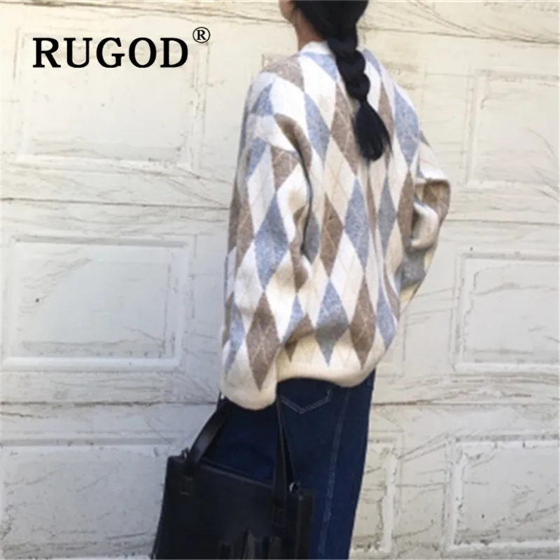 Женский пуловер с круглым вырезом RUGOD размера плюс узором из диоманов Осень-зима |