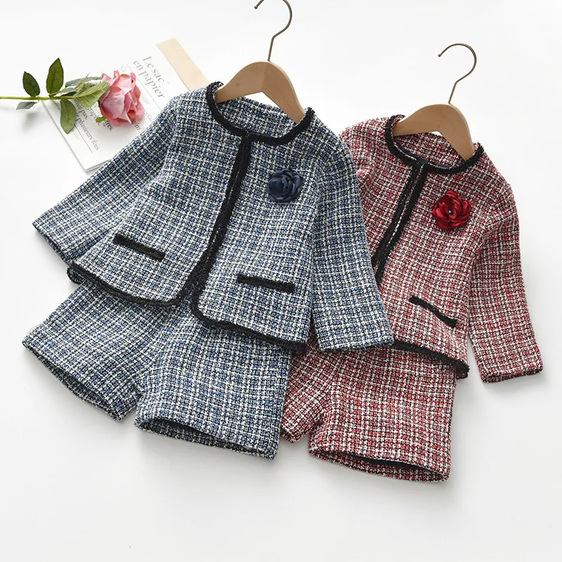 Новинка модный клетчатый пиджак + шорты для маленьких девочек комплект одежды на