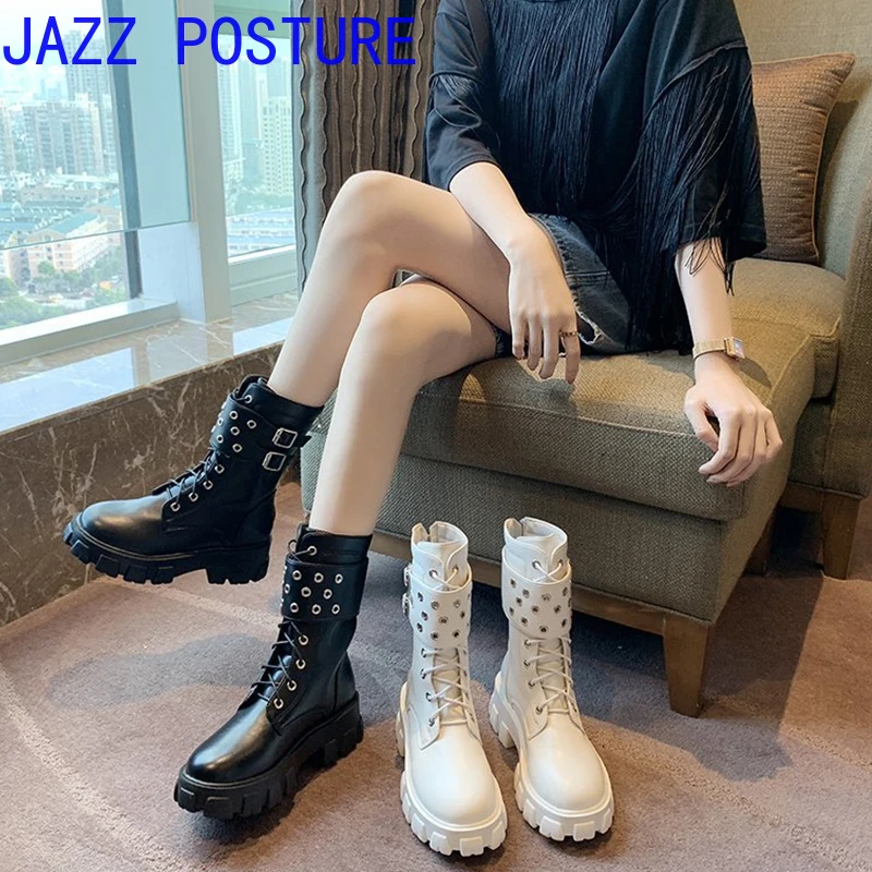 

Женские ботильоны с пряжкой, белые мотоциклетные ботинки на платформе, Дизайнерские повседневные ботинки на шнуровке, ботинки на молнии с к...