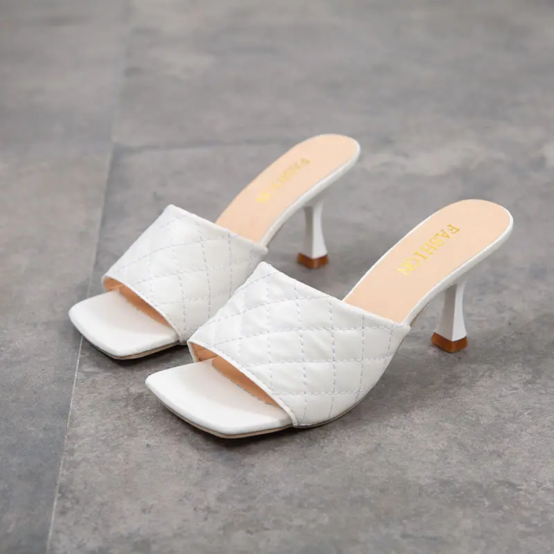 

2021 Sandals Women Summer Wear High Heels Stiletto Diamond Square Head Half Slippers Roman Word Retro Women's Shoes