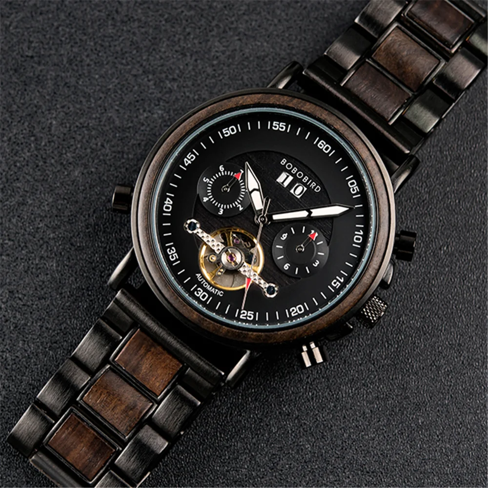 Men Top Watch BOBO BIRD Wooden Automatic Mechanical Wristwatch Luxury Fashion Auto Date Chronograph Luminous Hands relogio Gift