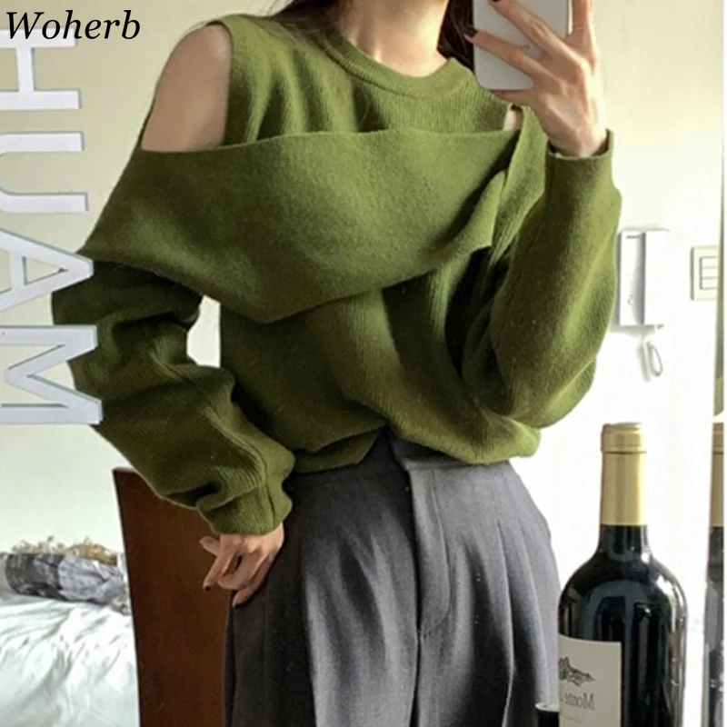 Woherb 2021 Новый однотонный сексуальный пуловер свитер с открытыми плечами