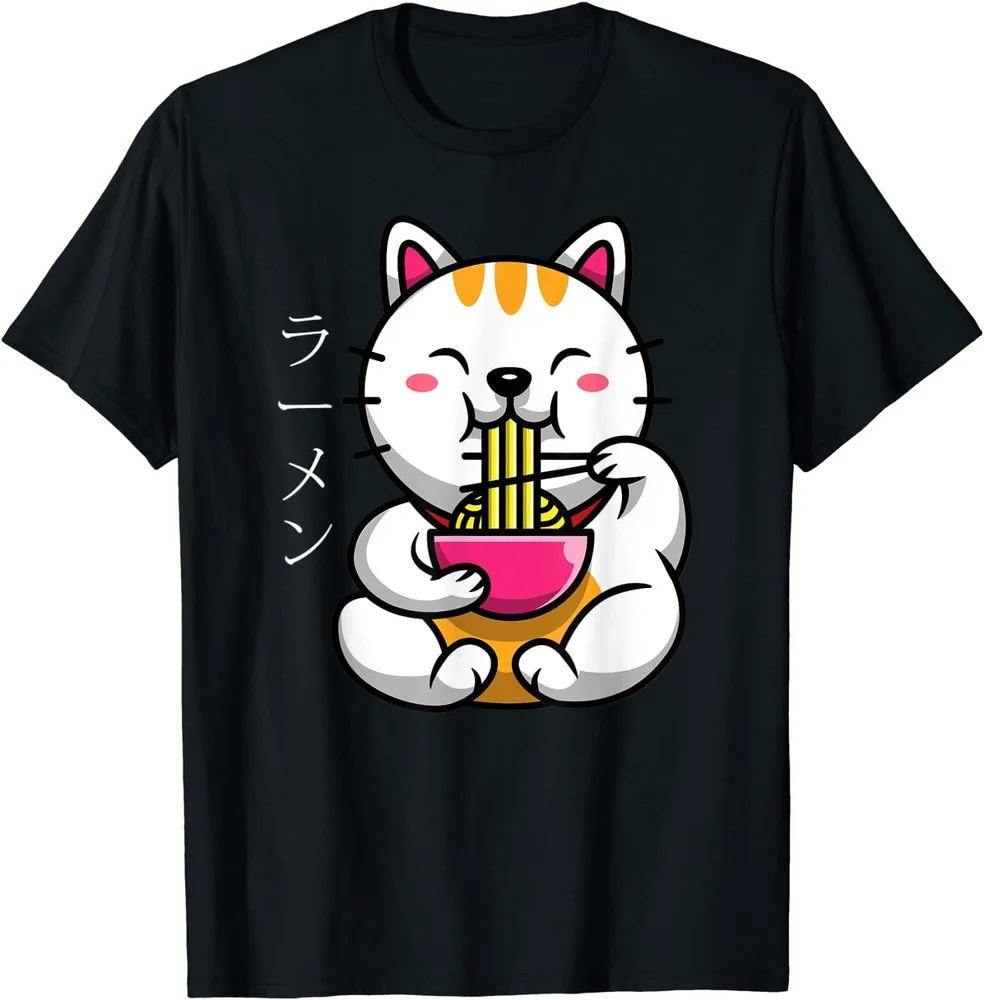 

T Shirt Women Kawaii Summer Tops Graphic Tees Fashion Tee Ramen Bowl and Cat Kawaii Japanese Noodles Anime Lover Otaku T-Shirt