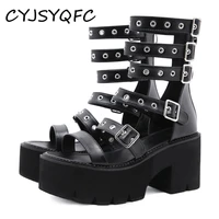 cyjsyqfc gladiator style rivets platform women sandals peep toe black soft leather square heels lady shoes sexy back zip sandali