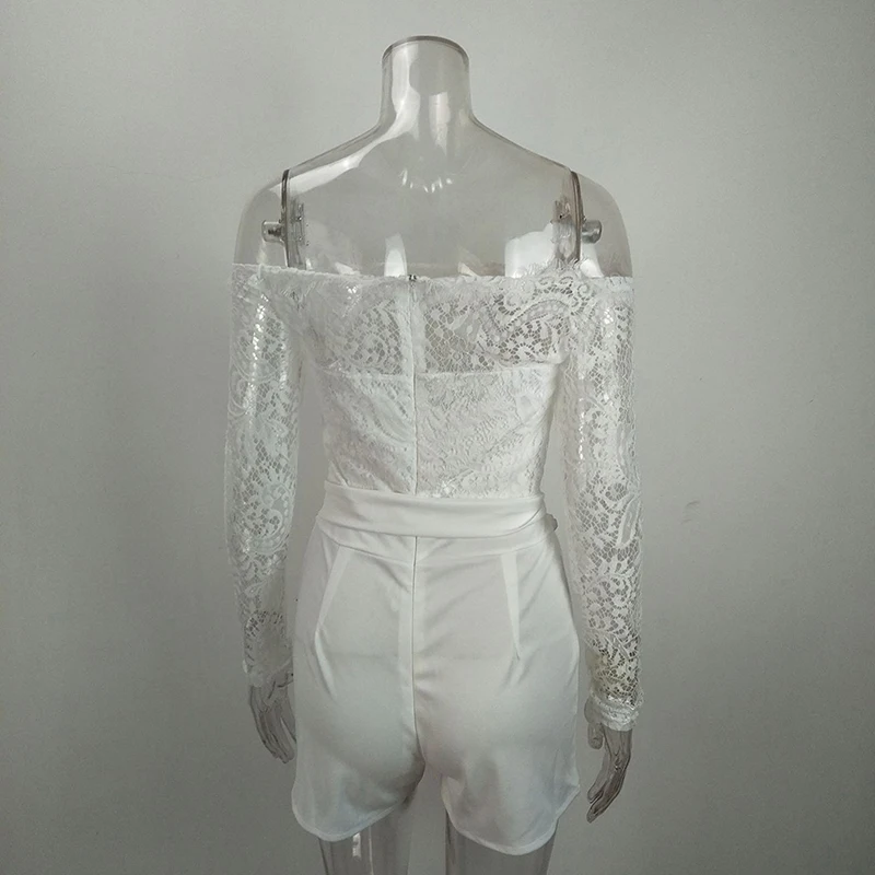 

New Lace Off Shoulder Bodysuit Women See Through Long Sleeve Skinny White Women Rompers Casual Feminino Jumpsuit Shorts Bodysuit