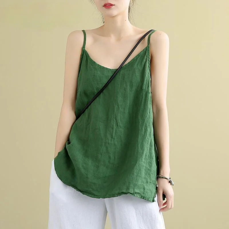

Summer Women's Top Cotton Linen Spaghetti Strap Top Women Halter V Neck Basic Yellow Sleeveless Tank Tops Loose Casual