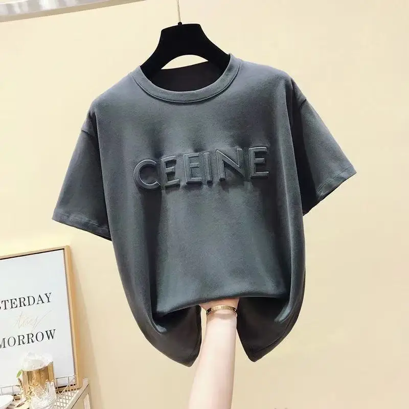 

2021 New Summer Korean Fashion Tees Women's Loose Plus Size O-Neck Students Embroidery Short Sleeved Y2k Lady Harajuku Tees Tops