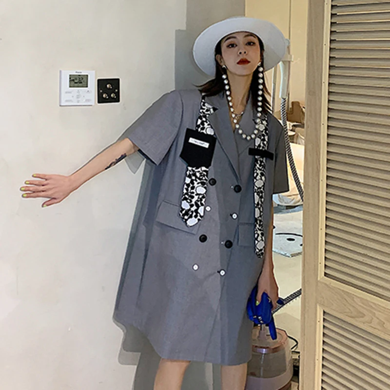 

GALCAUR Double Breasted Dress For Women Notched Short Sleeve High Waist Patchwork Knee Length Dresses Female Fashion Clothes New