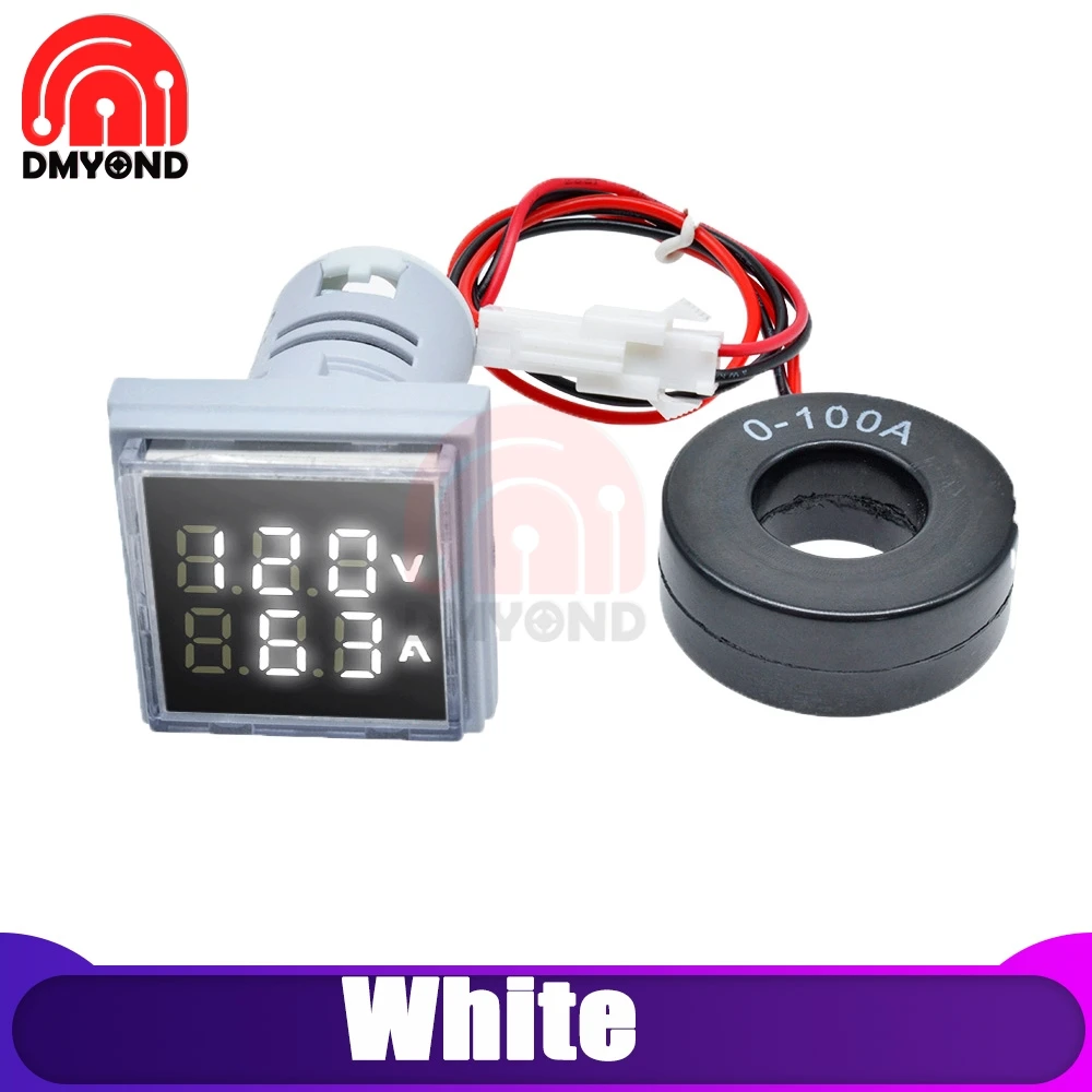 Voltammeter White 22 мм квадратный светодиодный цифровой амперметр переменного тока 0A-100A 50 в-500 В Ампер Вольт измеритель напряжения вольтамметр индикатор пилотный светильник - Цвет: Voltammeter White