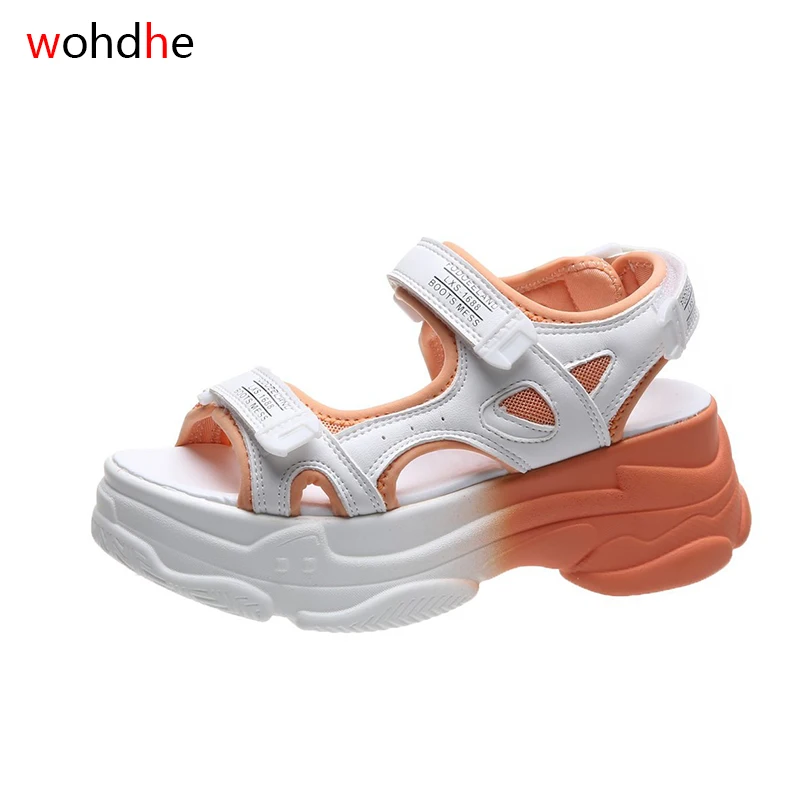 

wohdhe Casual Women Sandals Hook Loop Platform Thick Bottom Summer Shoes Open Toe Pu Leather Sport Sandals High Quality 2020