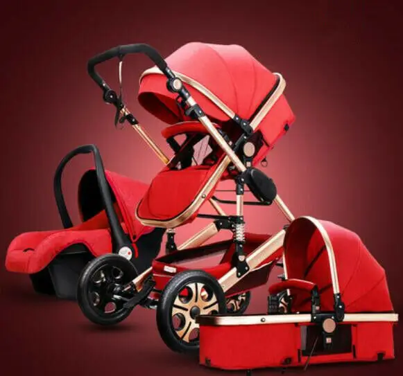Red set Детская коляска 3 в 1 коляска с высоким пейзажем складная Коляска и автокресло - Цвет: Red set