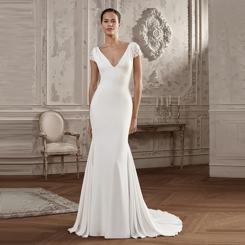 

Simple Soft Mermaid Wedding Dresses V Neck Short Sleeve Backless Sweep Train Robe Mariee Bride Formal Party Gothic Bridal Gown