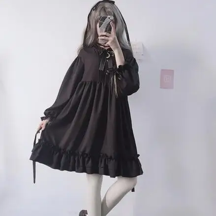 Японское женское черное платье в стиле Харадзюку с оборками рукав-фонарик стиль