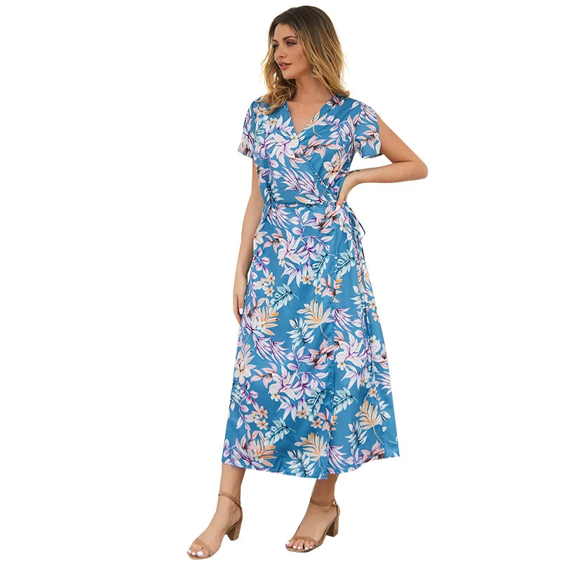

Women's slim split belt print medium length short sleeve dress
