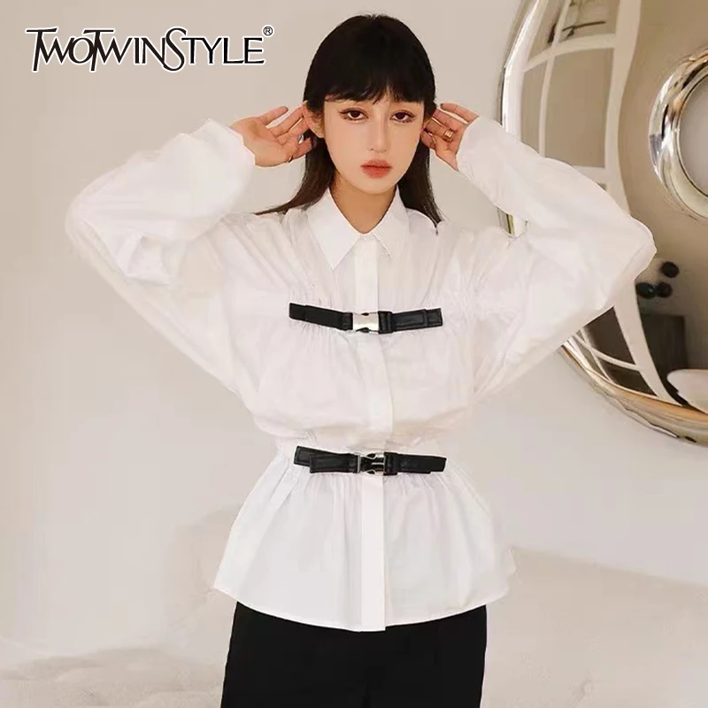 

TWOTWINSTYLE White Casual Patchwork Colorblock Women's Shirt Female Lapel Long Sleeve Korean Slim Fashion Woman Blouses 2021 New