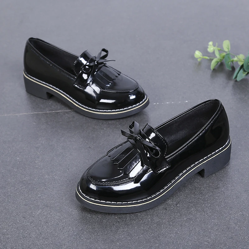 Бантом Дамская обувь с кисточками размера плюс Туфли оксфорды Женская на плоской