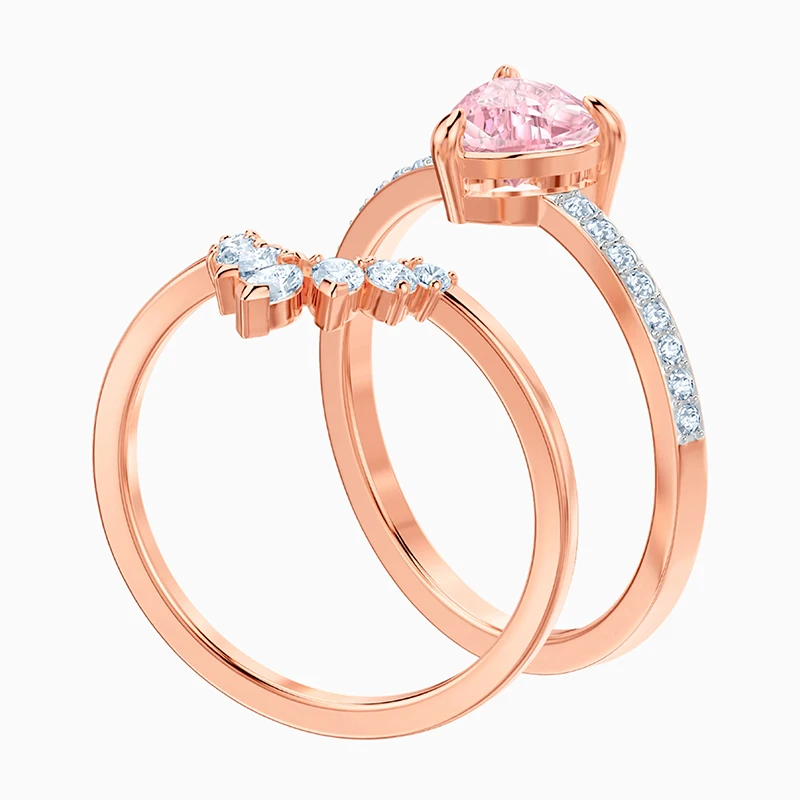 

Fashion SWA New ONE Set Ring Rose Gold Fresh Double Light Pink Heart-Shaped Crystal Female Engagement Ring Romantic Gift